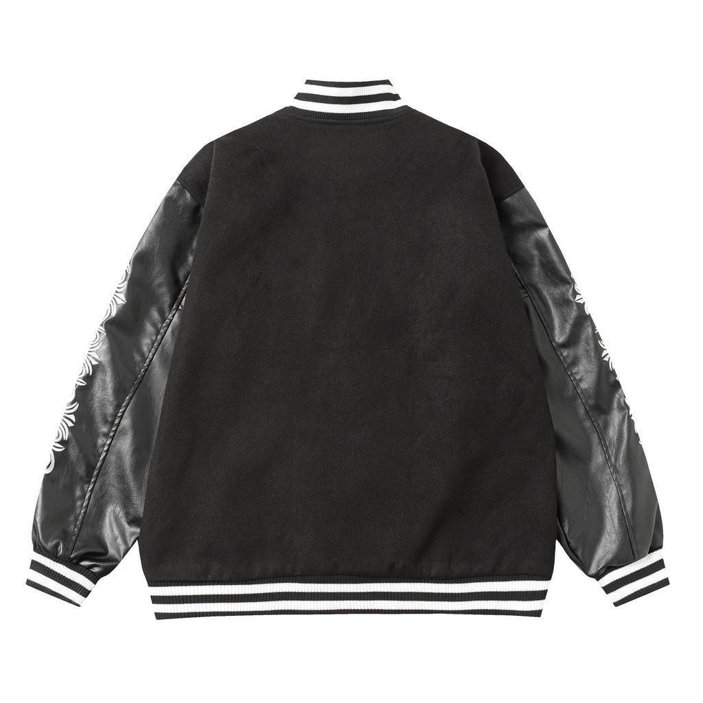 Cross Embroidered Leather Sleeve Varsity Jacket - Black Street Style 116