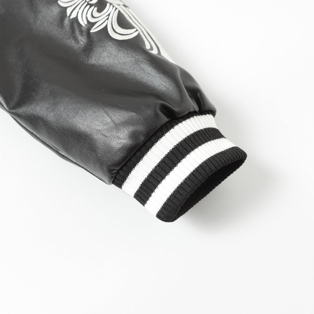 Cross Embroidered Leather Sleeve Varsity Jacket - Black Street Style 116